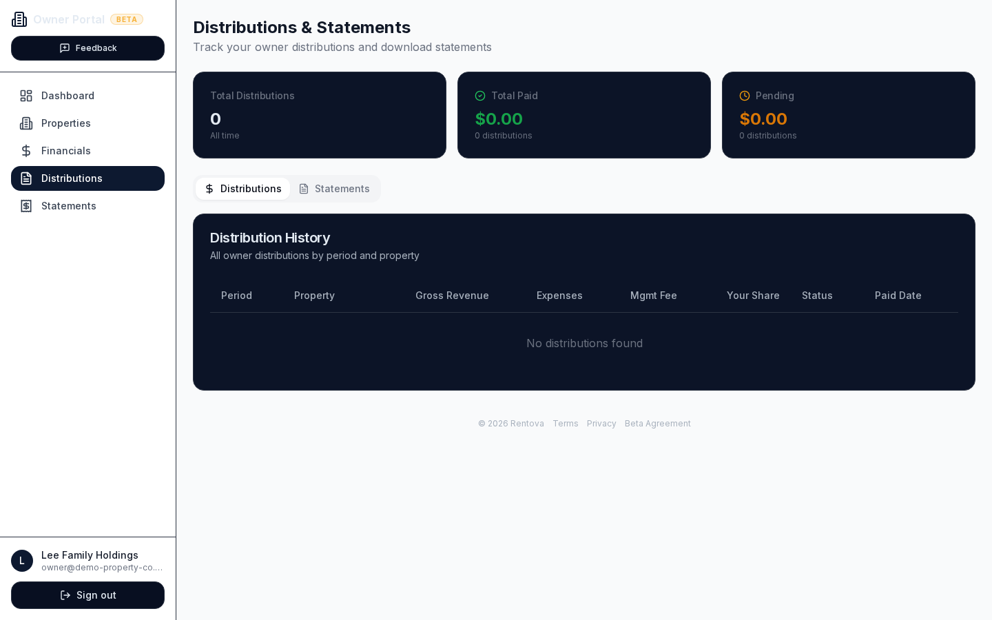 Owner distributions page, currently showing no distributions recorded