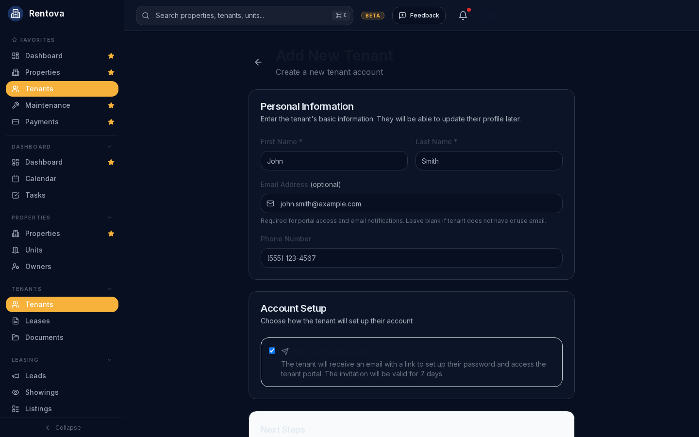 Add tenant form with the send invitation email option checked