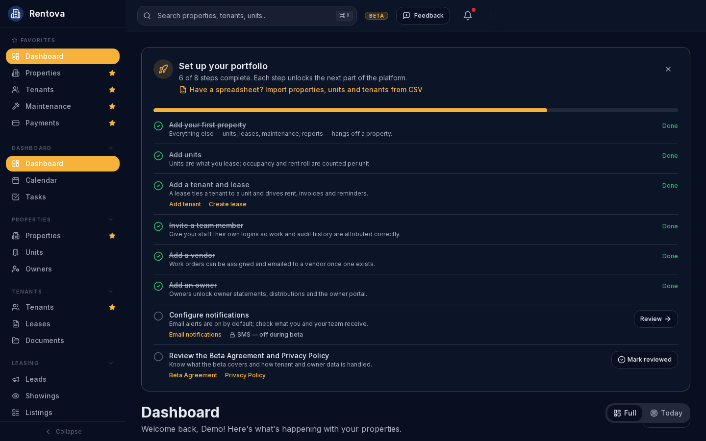 Dashboard setup checklist showing eight setup steps, six marked done