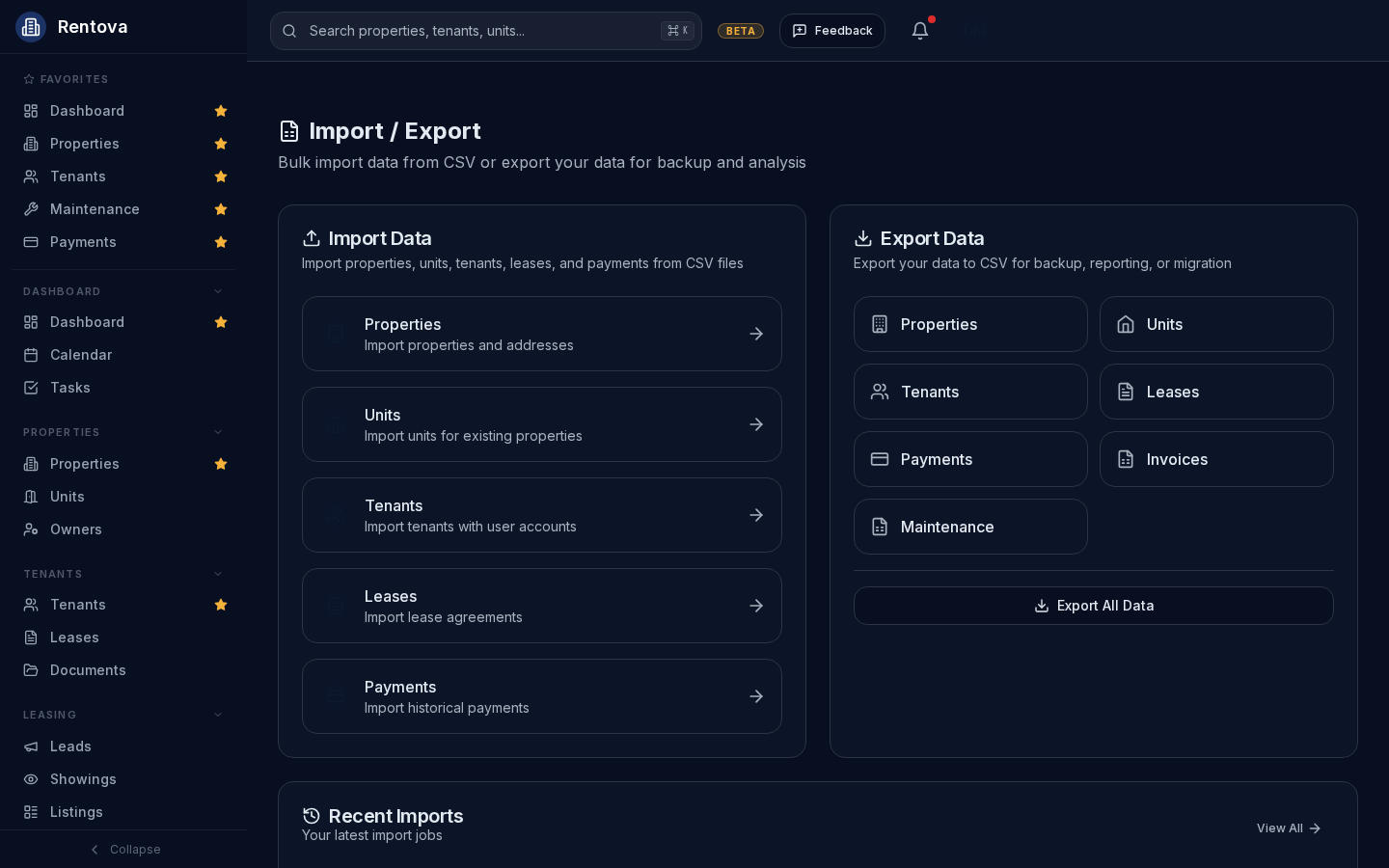 Import/Export page listing five importable record types