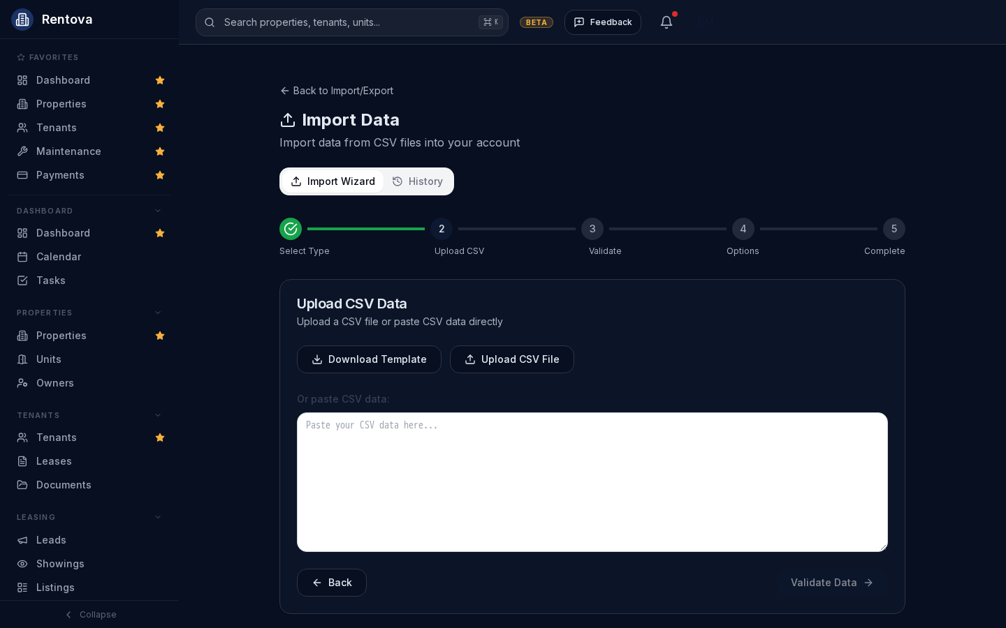 Upload CSV step of the import wizard, with Download Template and Upload CSV File buttons