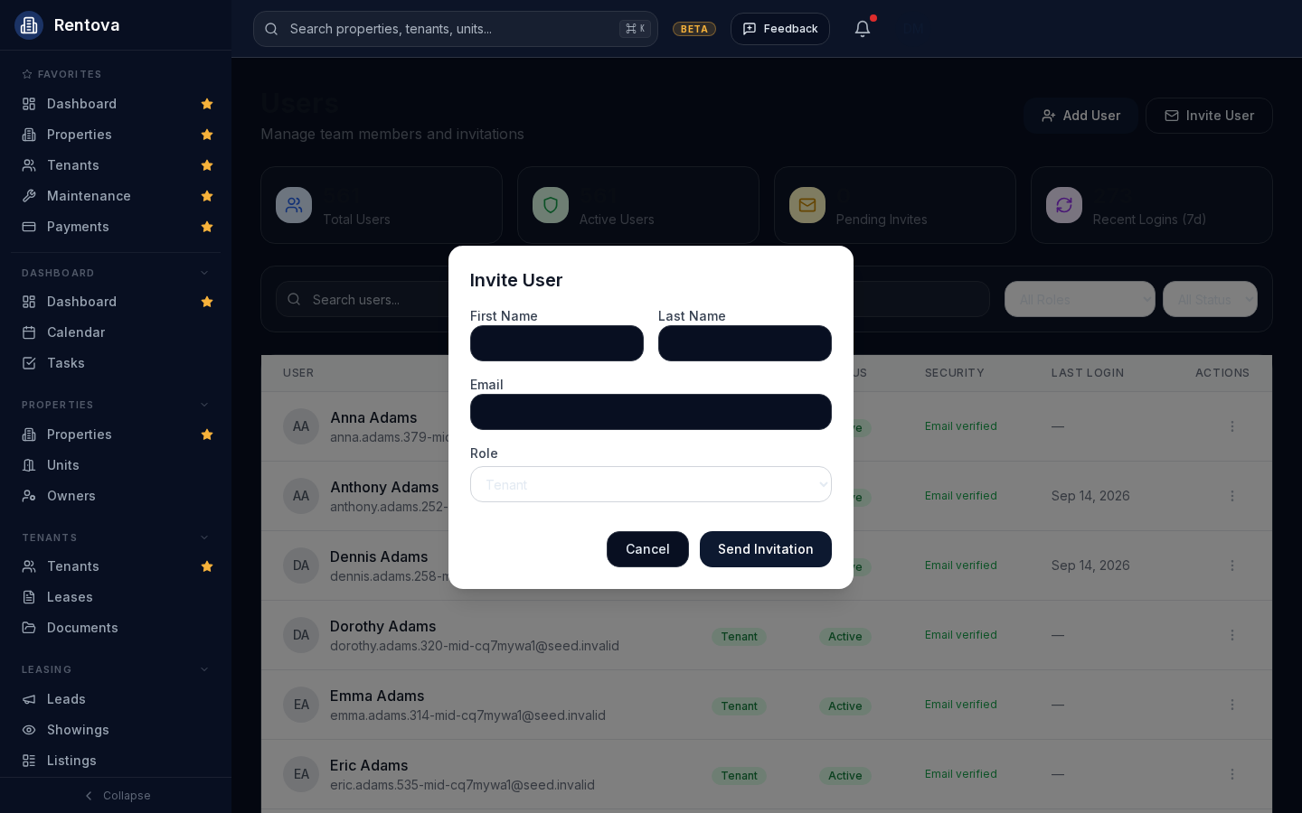 Invite User dialog with first name, last name, email and role fields