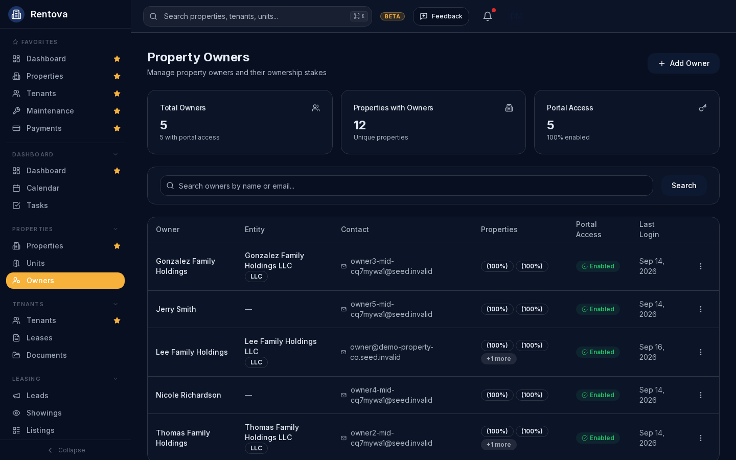 Owners list showing portal access enabled for each owner