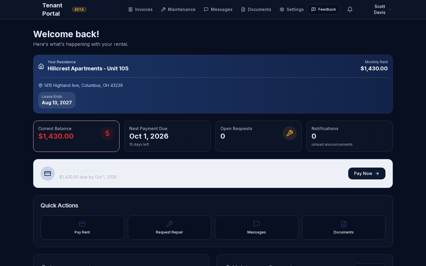 Tenant dashboard showing residence details, balance, next payment due and quick actions