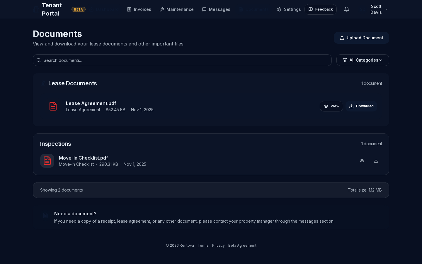 Tenant documents page showing a lease agreement and a move-in checklist available to download