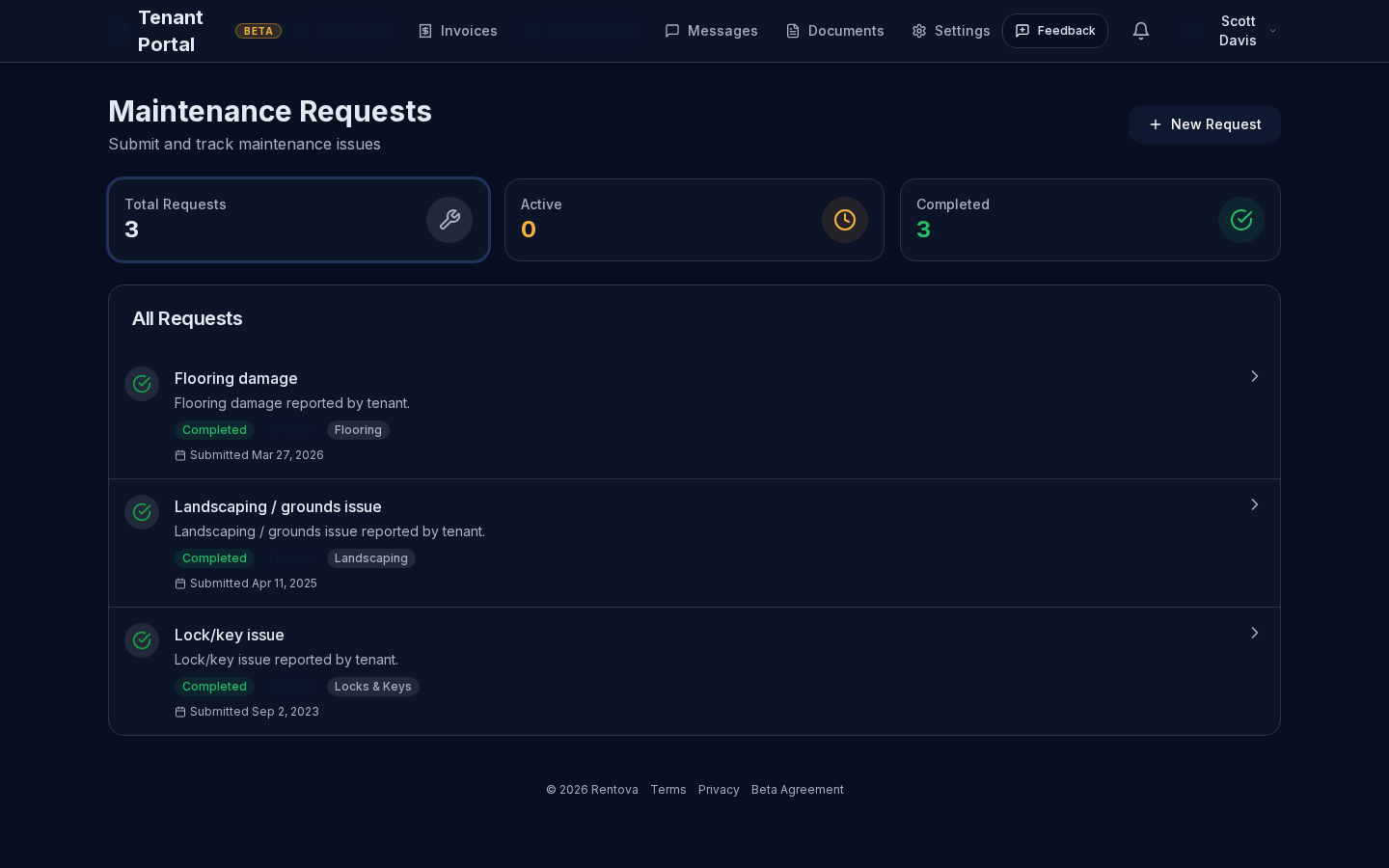 Maintenance request list with status, priority and category badges
