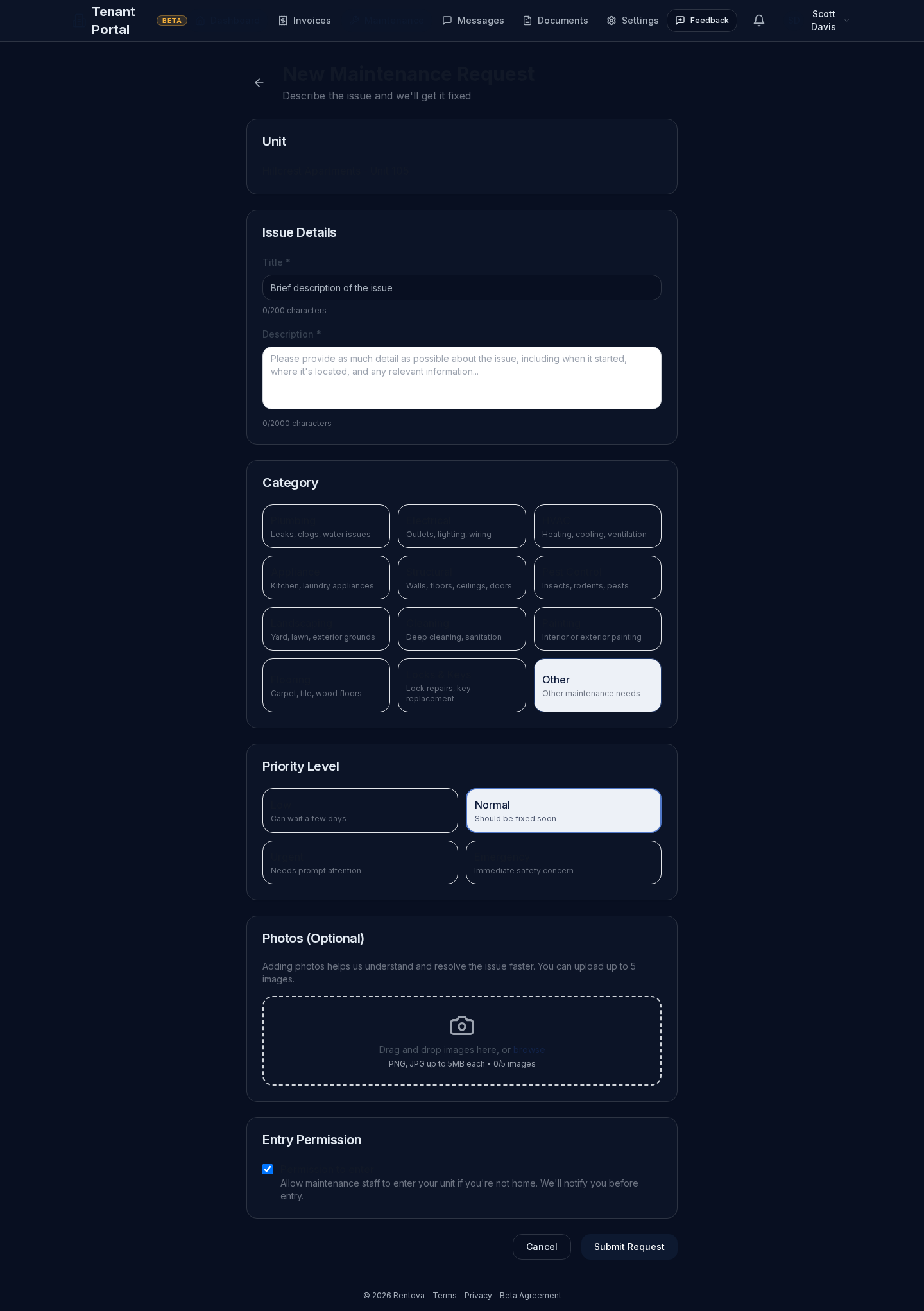 New maintenance request form with category, priority, photo upload and entry permission