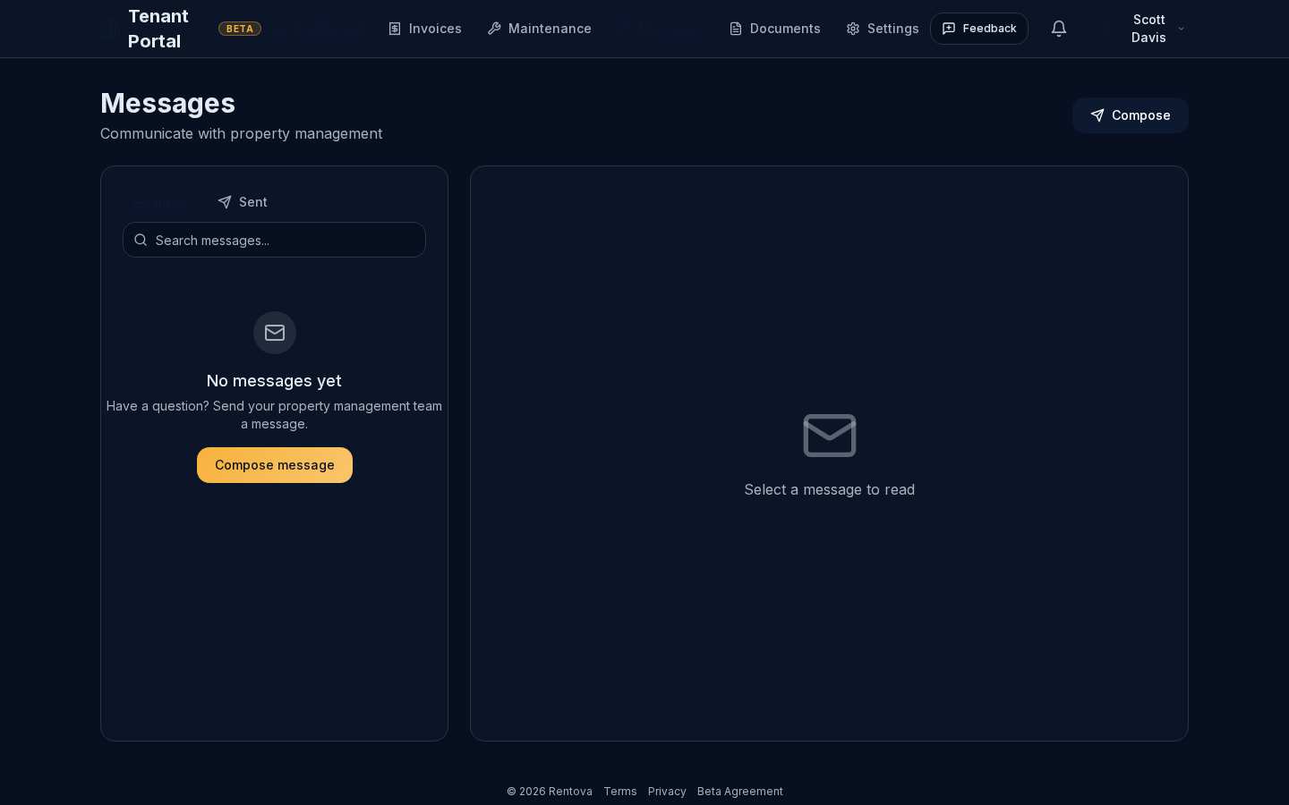 Tenant messages page with inbox and sent tabs