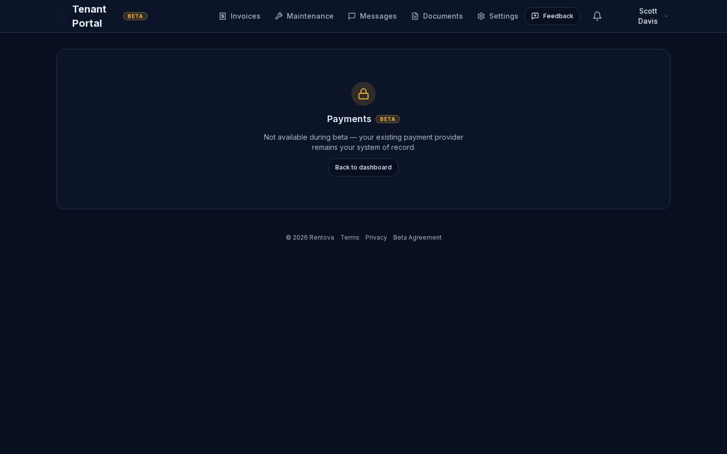 Payments page showing a Beta badge and the message: Not available during beta — your existing payment provider remains your system of record